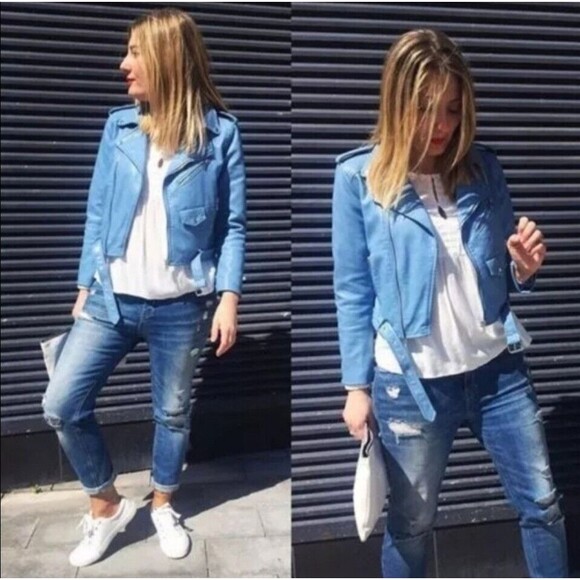ZARA blue Faux Leather Biker Jacket Size S Moto chic streetwear urban fashion - Picture 3 of 10